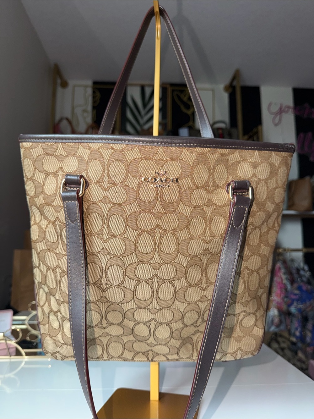 Coach F58282 Outline Signature Zip Top Tote Khaki Brown Shoulder Bag
